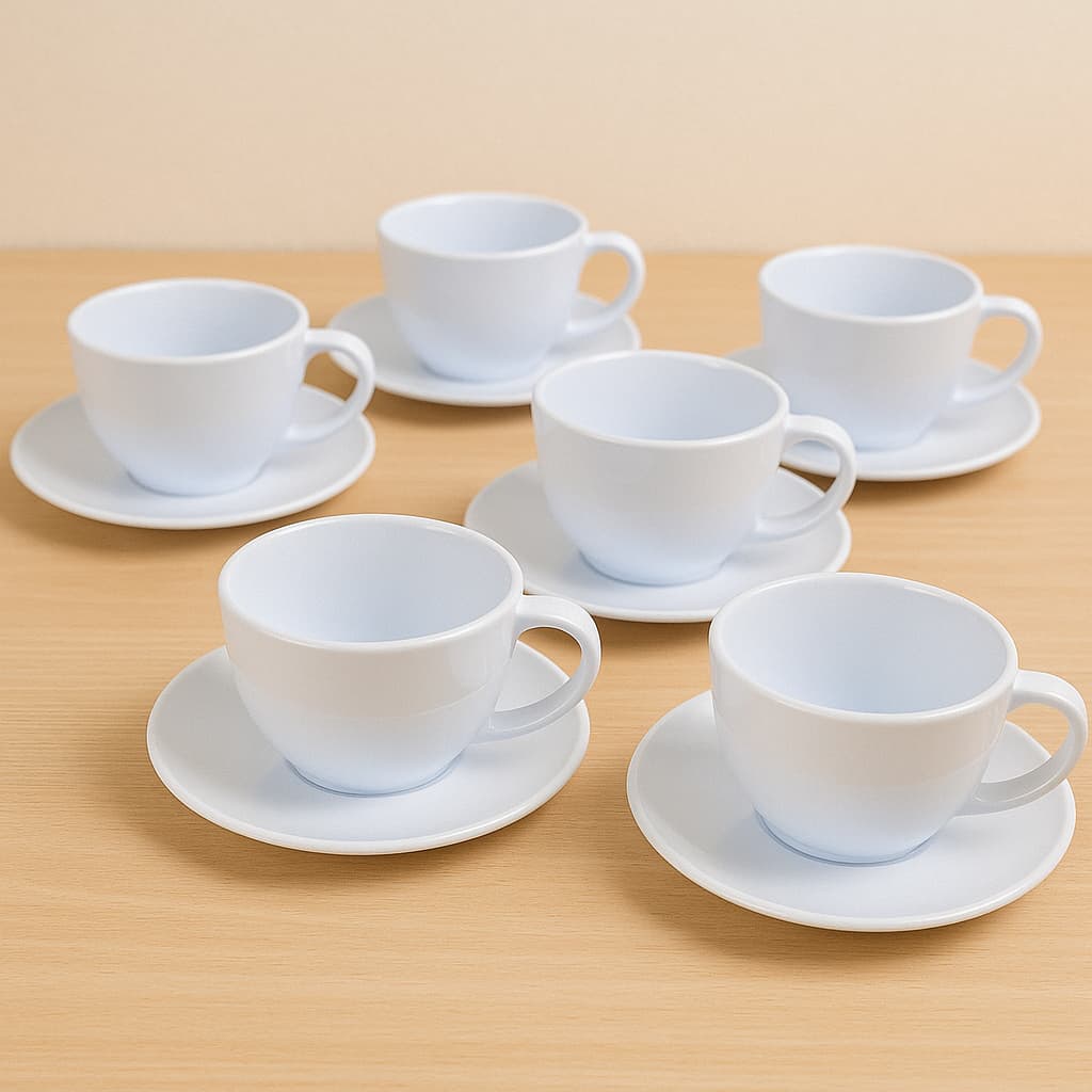 JOGO DE XÍCARAS COM PIRES 50 PEÇAS - 25 PIRES - 25 XÍCARAS 200ML ACRÍLICO COR BRANCO PARA CHÁ/CAFÉ