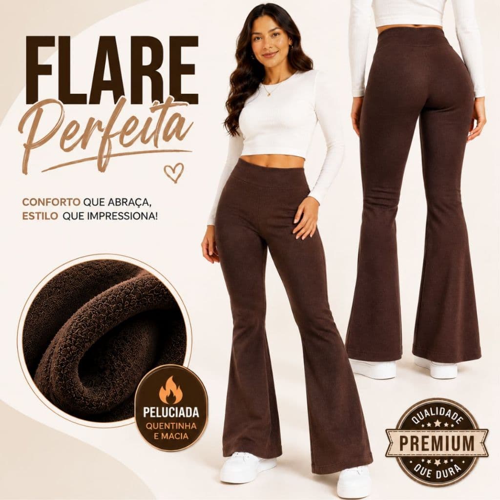 Calça Legging Flare Feminina Peluciada Suplex Cintura Alta Zero Transparência Conforto Inverno