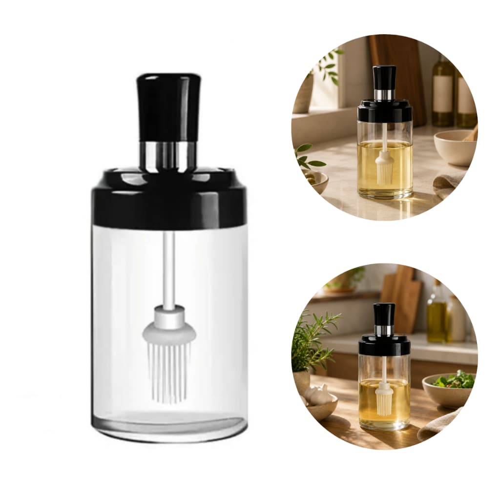 Porta Condimento De Vidro Com Tampa De Plástico e Pincel De Silicone 220ml Óleo Azeite Prático
