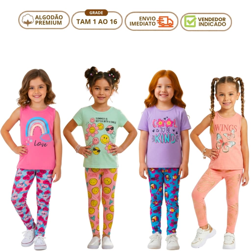 Kit 6 Peças Roupa de Menina Conjunto Legging Infantil Feminino Atacado 3 Camiseta Verão 3 Calça 1 ao 16 anos