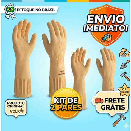 Kit 2 Pares Luva Látex Volk CA 15100 Antiderrapante Limpeza Pesada Remove Pelo Pet Sofá Obra