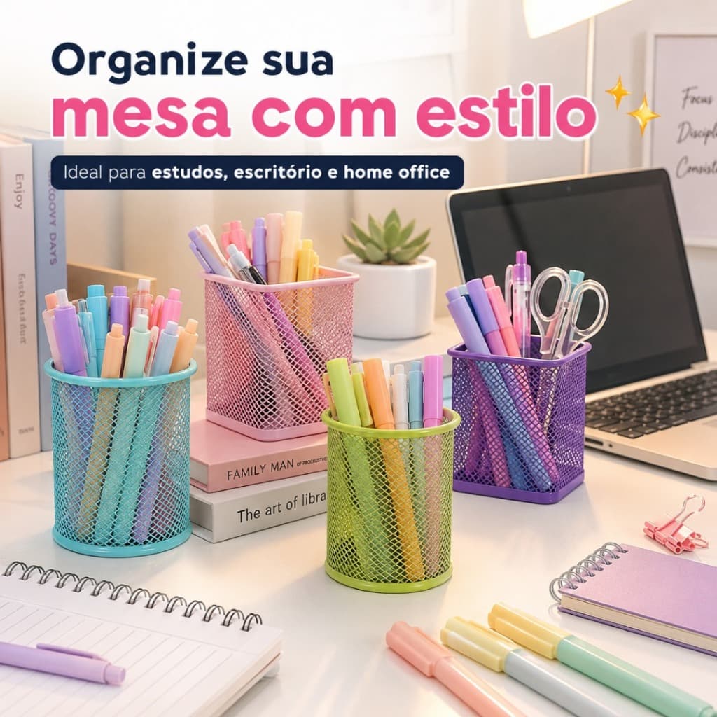 Porta Caneta Aramado Colorido Organizador Mesa Estudos Office