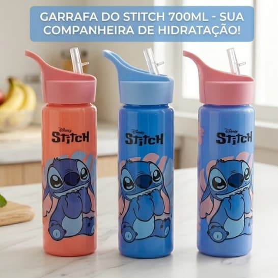 Garrafa Stitch Infantil de Água Squeeze 700ml Garrafinha com Canudo Escolar