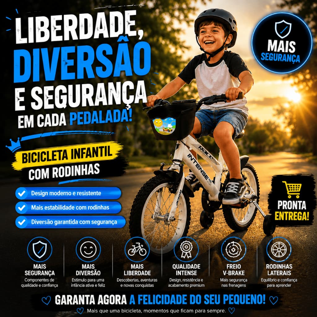 Bicicleta infantil Aro 16 V-brake Meninos com rodinha Colorida quadro Aço Carbono Intense Kids Cor Branca