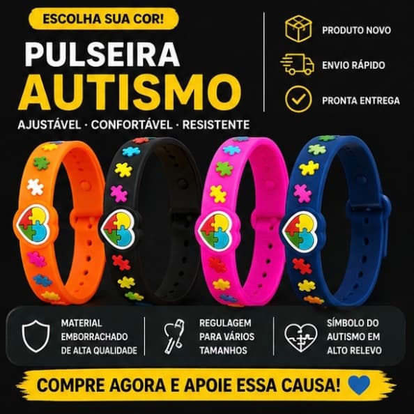 Pulseira Autismo Ajustável Emborrachada – 4 Cores