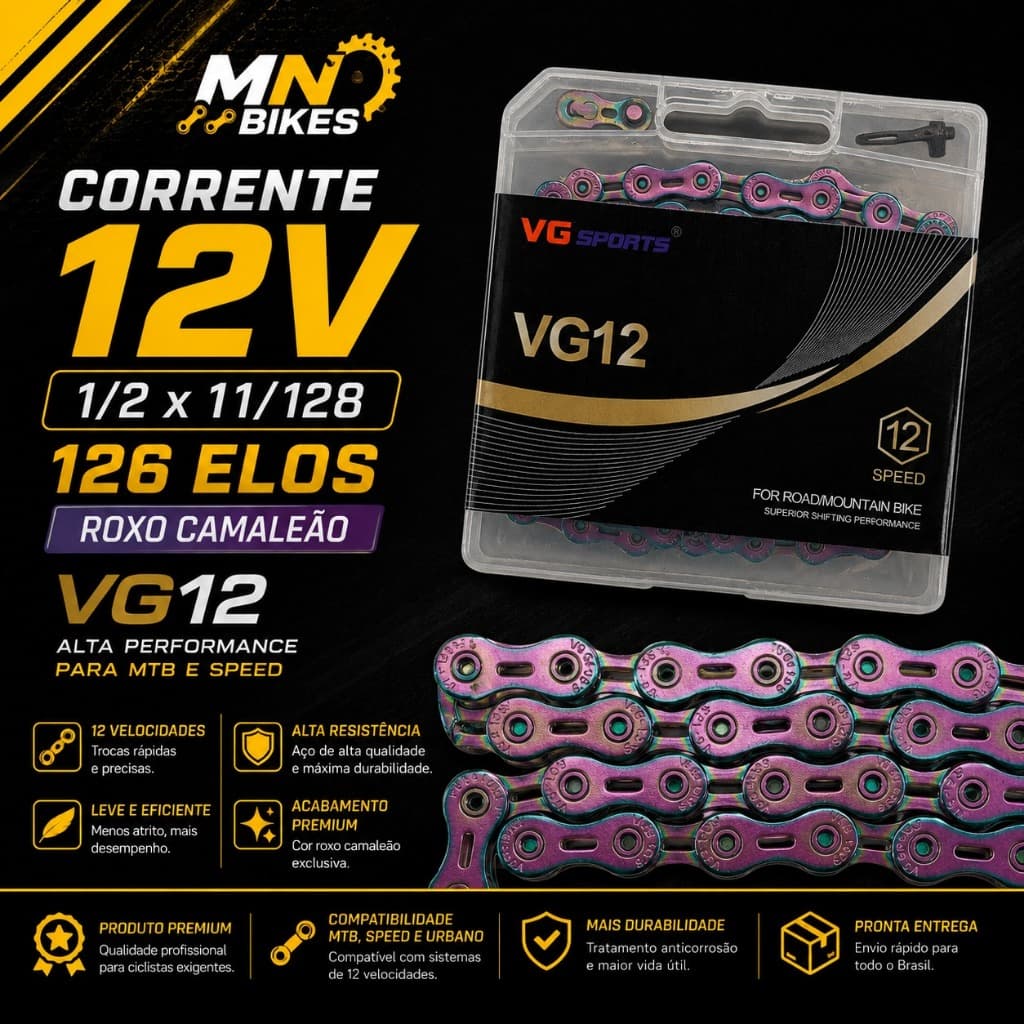 Corrente  12V Para Bicicleta  Roxo Camaleão 126 Elos 1/2 x 11/128 Bike MTB Speed VG12