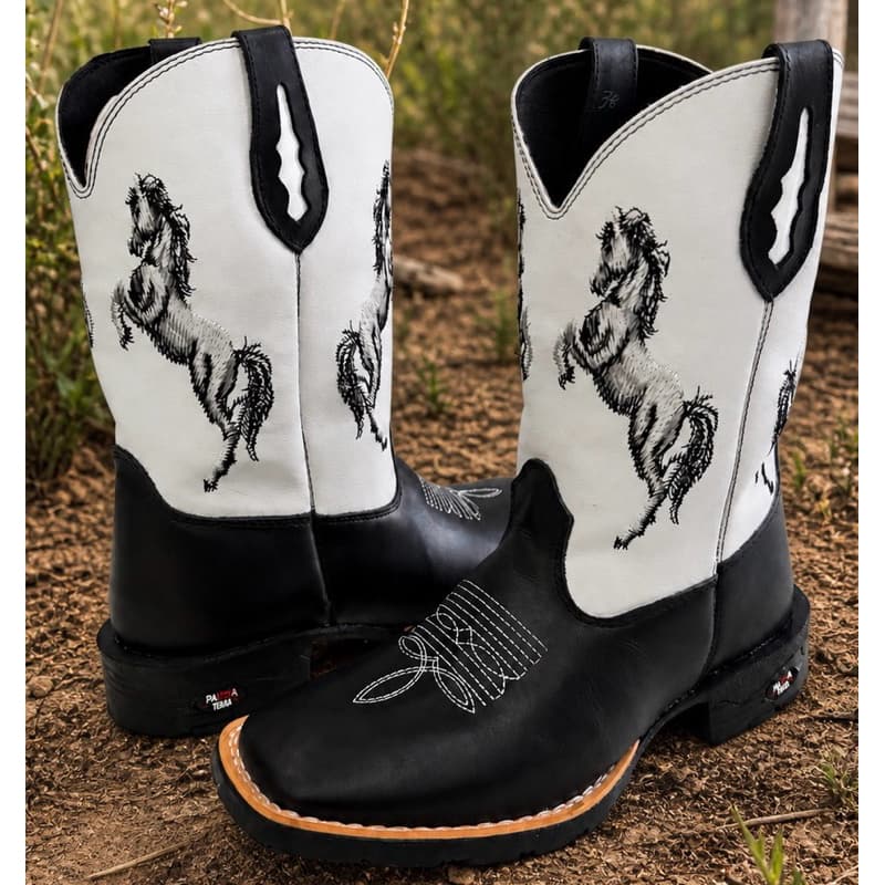 Bota Texana Masculino Country Bordada Cavalo e Delegada Bico Quadrado Couro Cowboy Rodeio