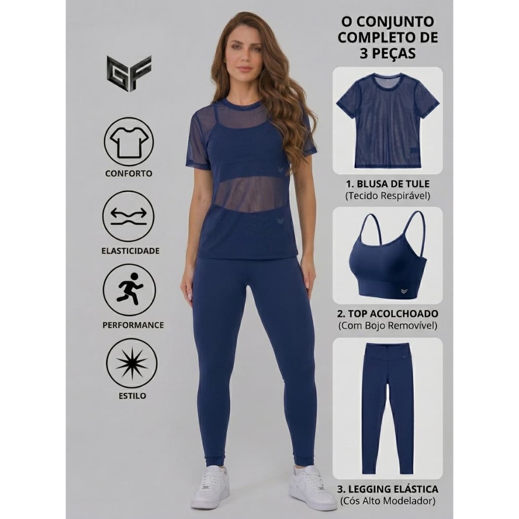 Kit de Roupas de Academia Feminino de Top com Bojo + Calça Legging + Blusa de Tule - Conjunto de Academia Feminino
