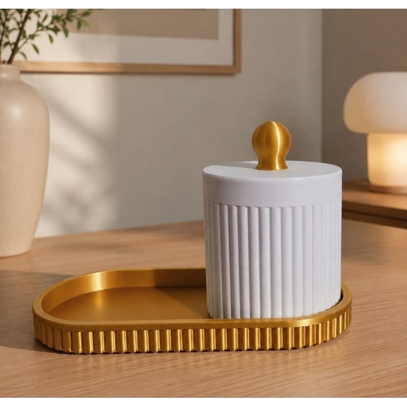 Kit Porta Cotonete com Tampa + Bandeja Decorativa | Organizador de Banheiro e Penteadeira