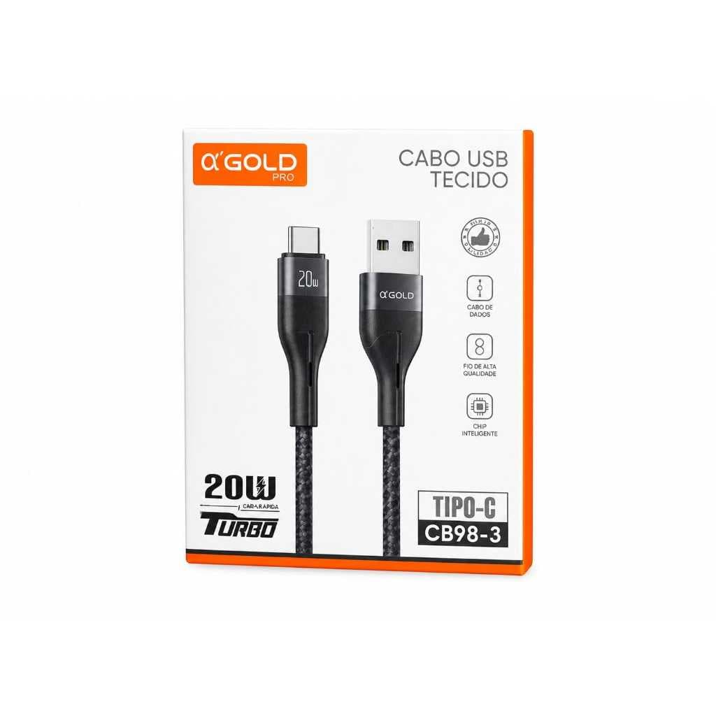 Cabo USB Tipo-C A'Gold 20W Turbo Tecido CB98-3 Pró Carregador Rápido 1m Original Excelente Qualidade