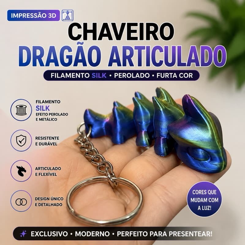 Chaveiro Dragão 3D Articulado Furta-Cor – Colecionável, Presente Criativo e Lembrancinha