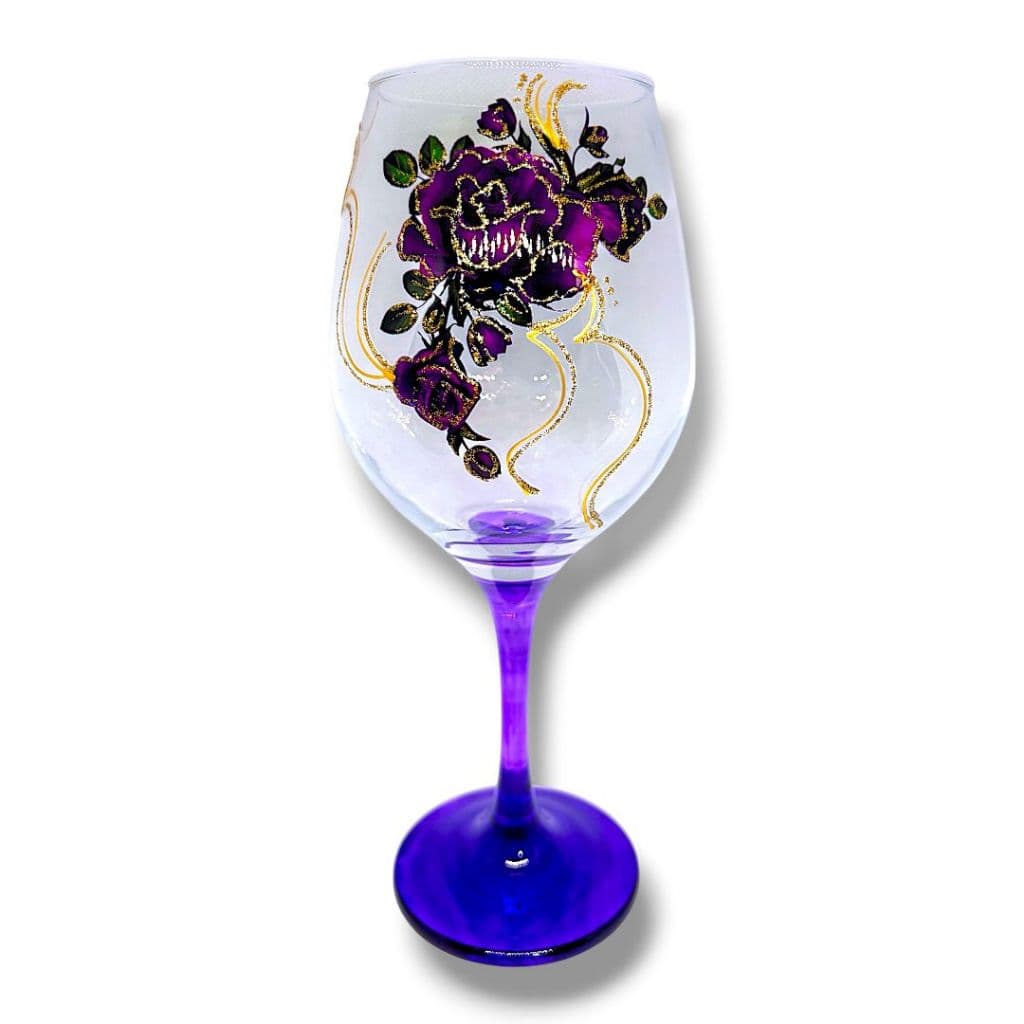 Taça Flores Roxa e Dourada Pomba Gira Fundo Roxo - Vidro 385ml Umbanda Quimbanda Altar Oferenda