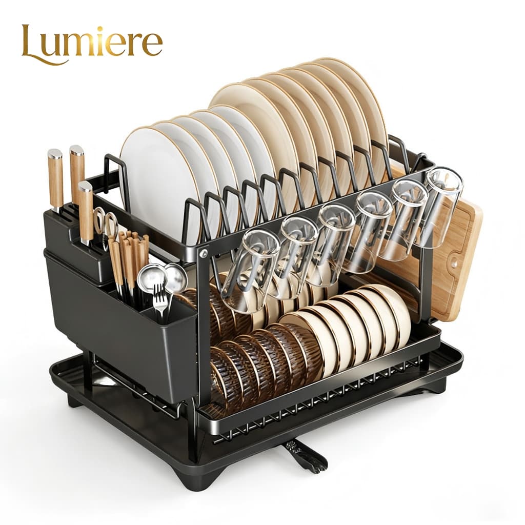 Escorredor de Louças 2 Andares 44,5x36x34cm com Bandeja e Suportes Preto