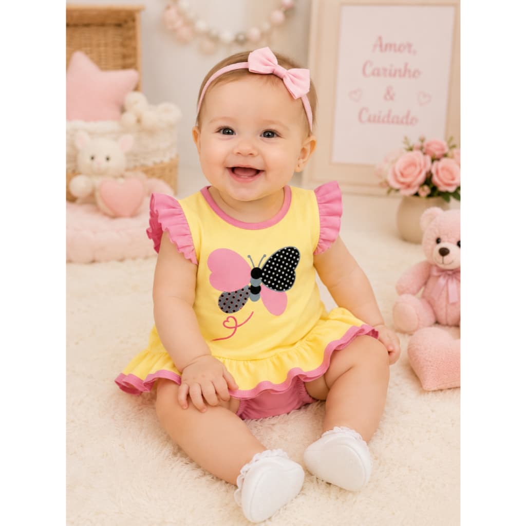 Vestido Bebê Menina Borboleta Mesversário com Calcinha Roupa Recém Nascida Delicada