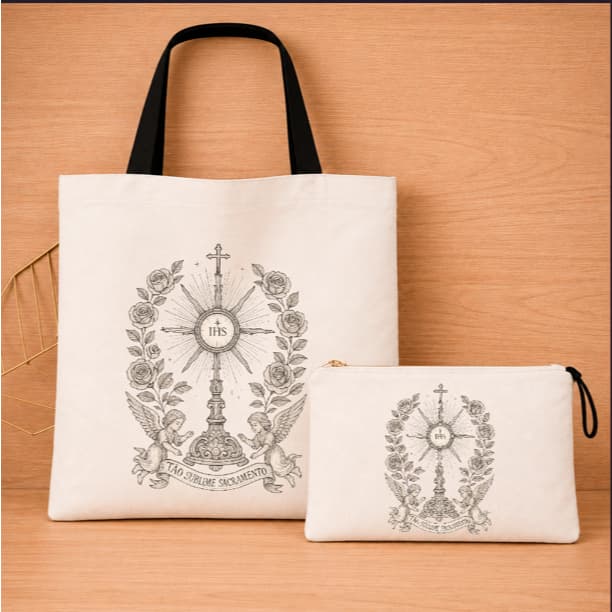 Kit Bolsa de Algodão com Alça Preta E Necessaire Estampada Espirito Santo Eco Bag Catolica Sacola Sustentável Lançamento