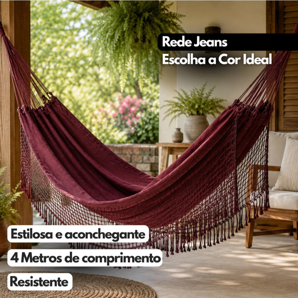 Rede Jeans de Dormir Grande 4 metros Mesclada Algodão Reforçada com Franja Descanso Conforto