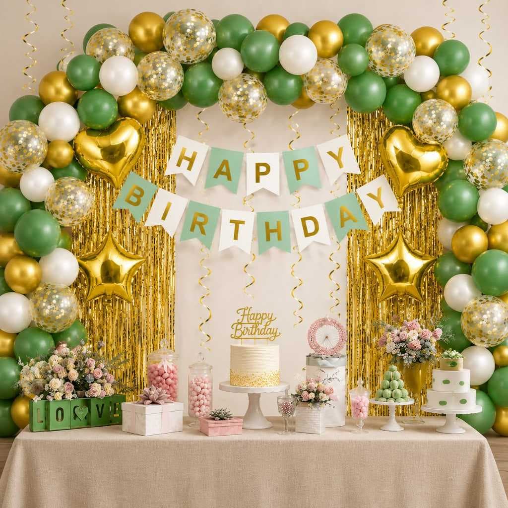 Kit Balões Verde com Dourado Cortina+Faixa+Fita+Cola Balões Arco Desconstruído Faixa Happy Birthday verde copa 55