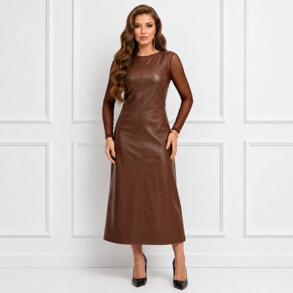 Conjunto Body Tule ou Renda e Vestido Longuete Couro Evangélica Moda Outono