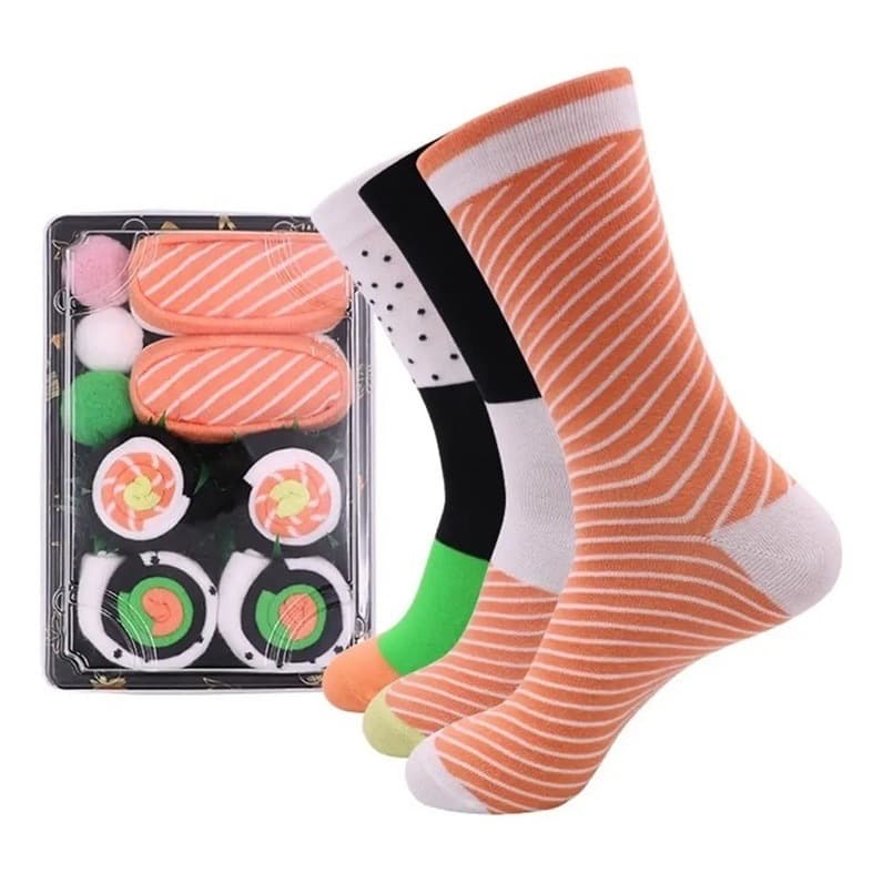Kit com 3 Pares de Meias Temáticas Sushi – Meias Divertidas e Criativas em Algodão, Estilo Japonês, Confortáveis