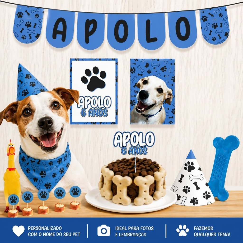 Kit Festa Pet Personalizado | Topo de Bolo + Toppers + Bandeirola + Pôster | Aniversário de Cachorro ou Gato