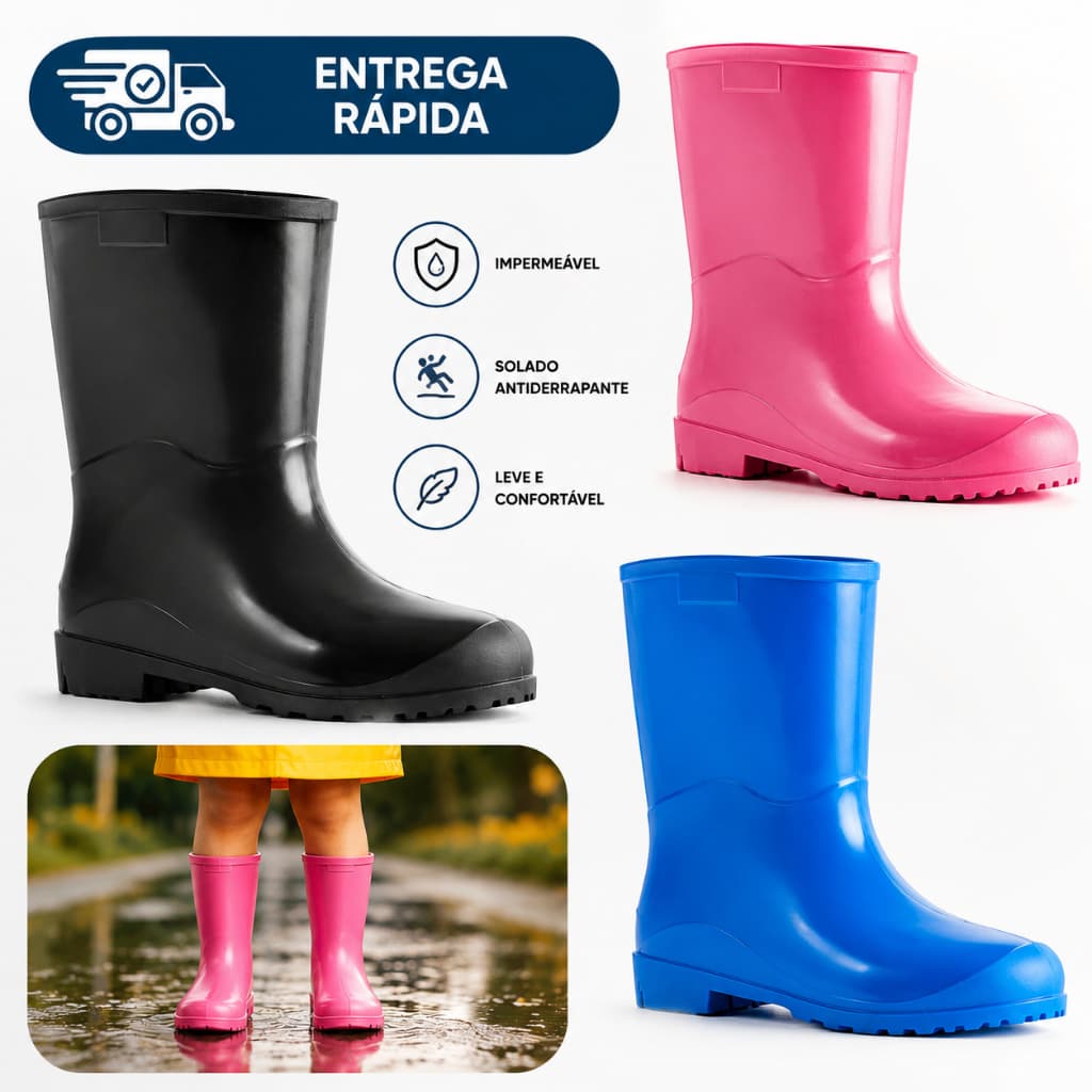 Bota Galocha Infantil Innpro: modelo bem tradicional; PVC, resistente e com bom acabamento.