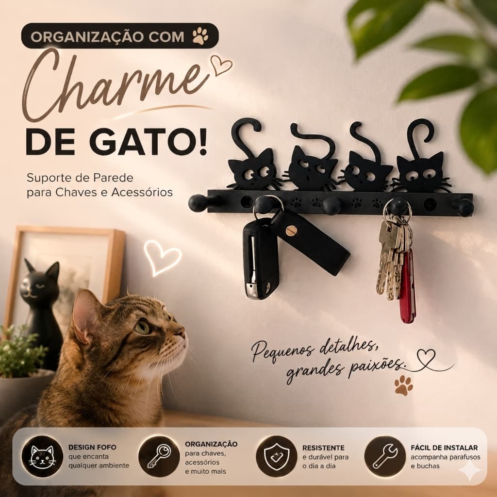 Porta Chaves Gato Parede Organizador Decorativo 5 Ganchos para Chaves e Acessórios