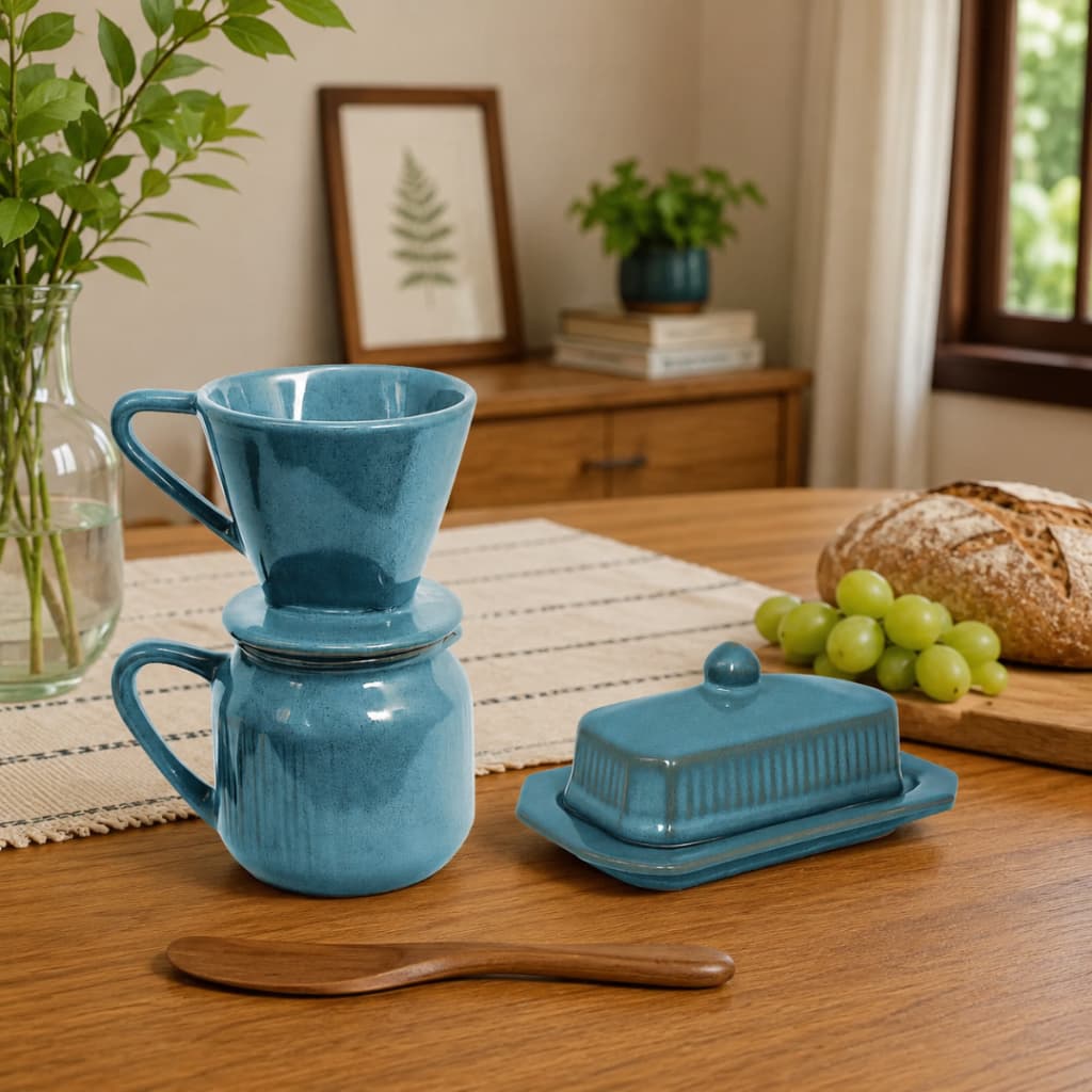 Kit Coador de Café e Manteigueira Retangular Cerâmica Louças Decoração Cafeterias Padarias