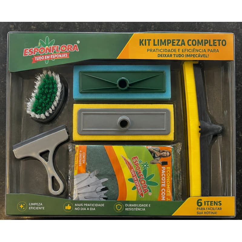 Kit Limpeza Faxina Completo 6 Itens Rodo 40cm Escova Esponja Multiuso Limpa Vidro Piso Banheiro