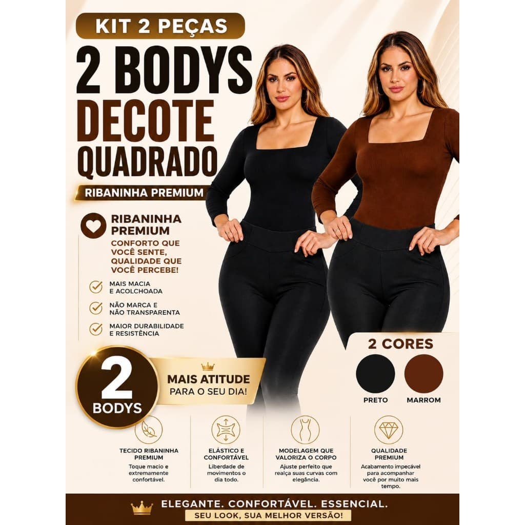 Kit 02 Body Feminino Decote QuadradoRibaninha Premium Manga Longa Tecido Flanelado por Dentro