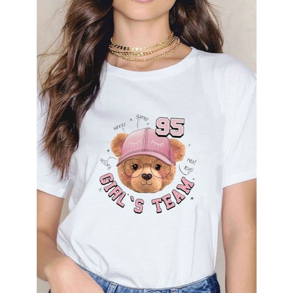 Camiseta Clássica Branca Feminina Camisa Estampada Ursinho Tumblr Casual Moda Verão Moderna