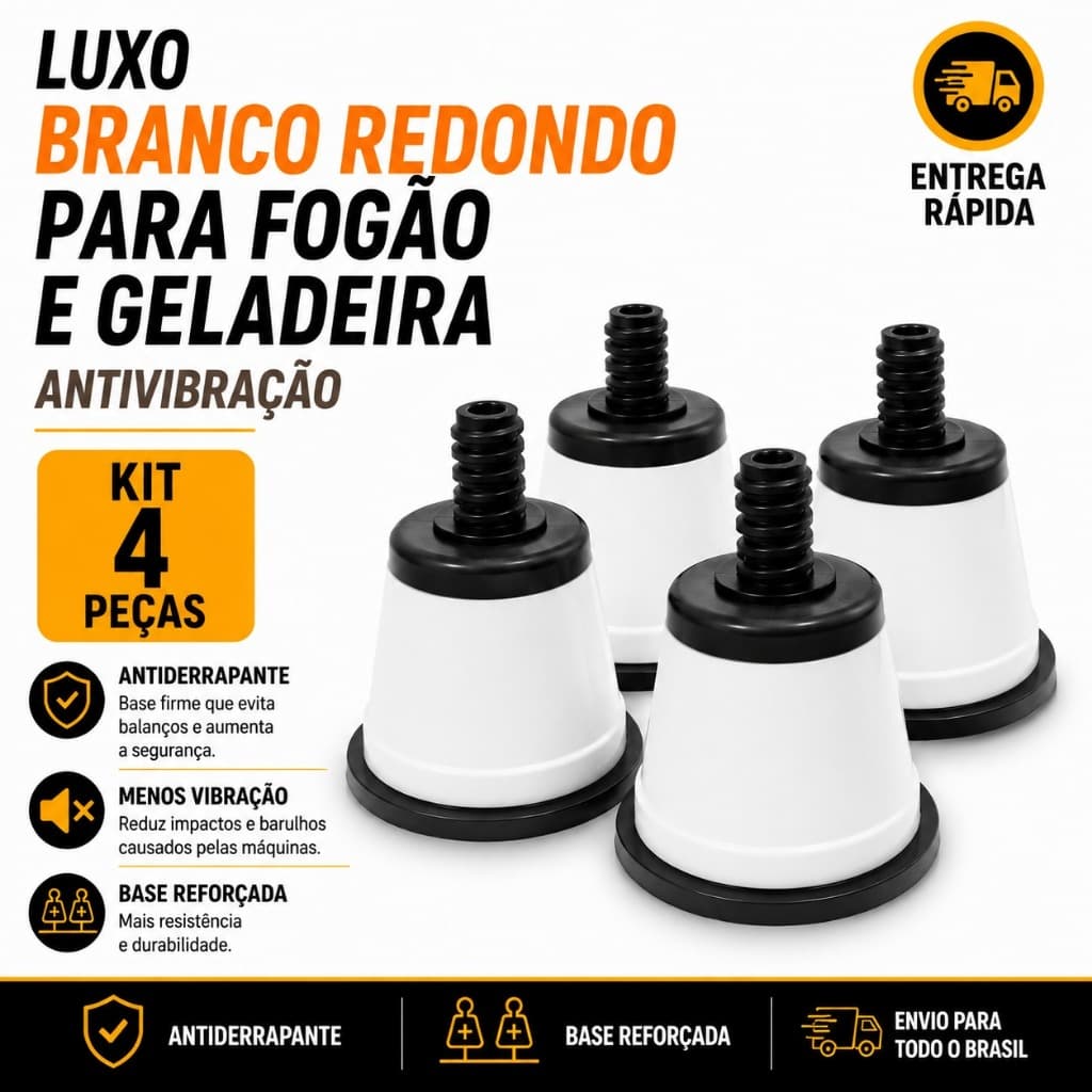 Kit 4 Pés Niveladores Luxo Branco Redondo para Fogão e Geladeira