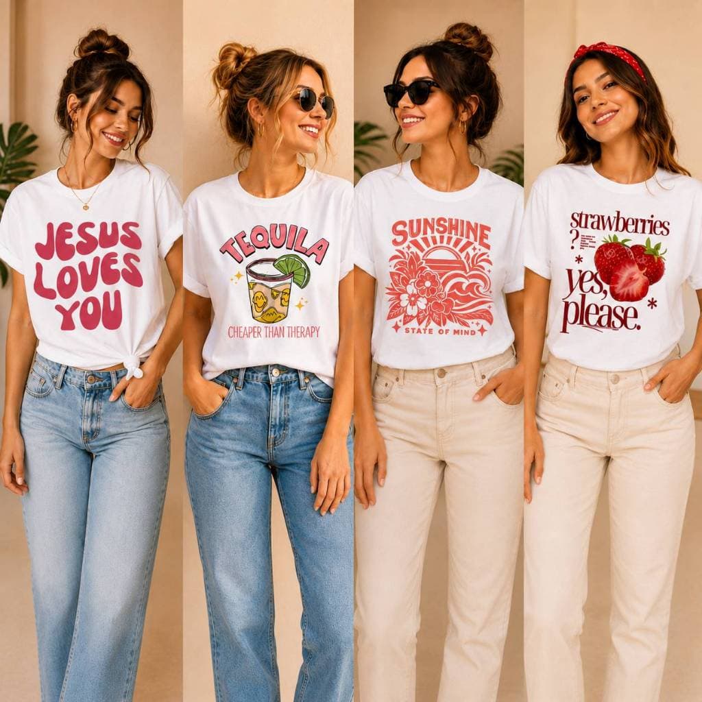 Kit 4 Camisetas Feminina Blusa Estampa Fofa Casual Básica Moderna Estilosa Camisa Lançamento