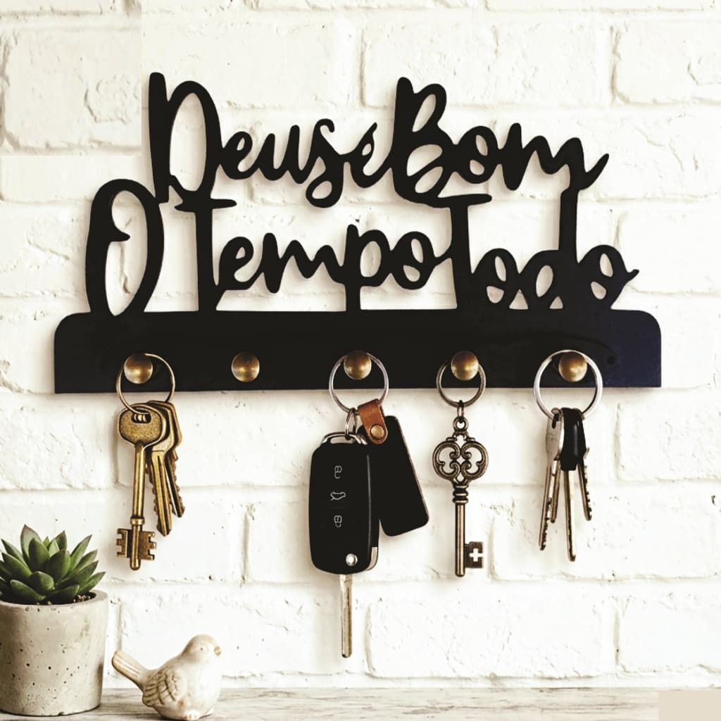 Porta Chaves de Parede em MDF 3mm Preto Vazado Deus é Bom o Tempo Todo com 5 Ganchos Decorativo