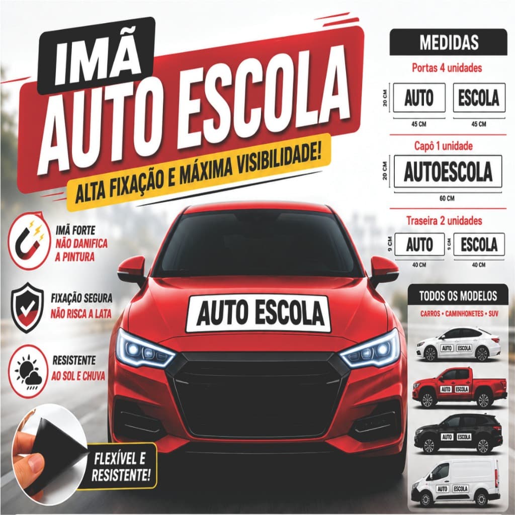 Faixa Auto Escola  Imã Auto Escola  Adesivo Auto Escola 7 un para Instrutor Autônomo Removível