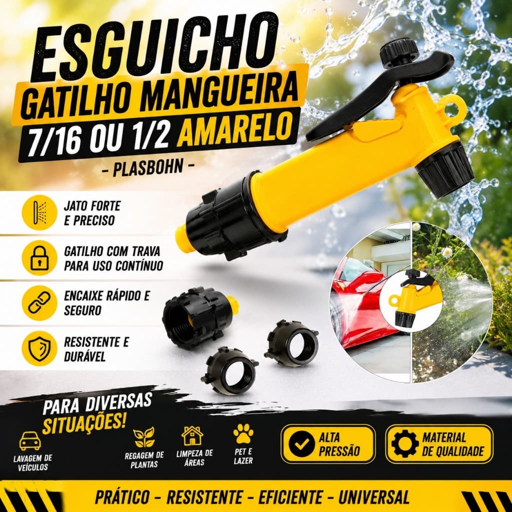 Esguicho Megajato Gatilho Mangueira 7/16 Ou 1/2 Amarelo - Plasbohn