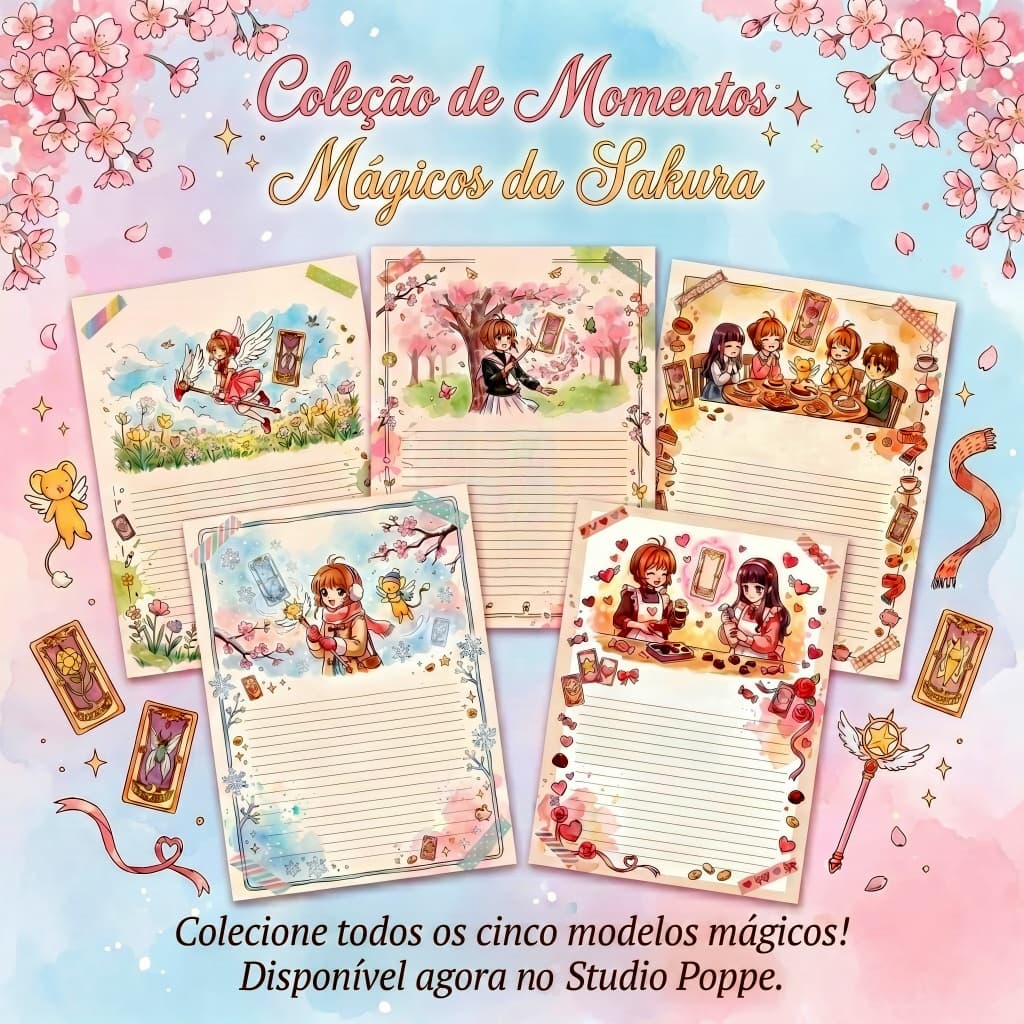 Kit Papel de Carta Sakura Card Captor | 5 Folhas Mágicas |  Presente Kawaii Anime | Papelaria Fofa Colecionável