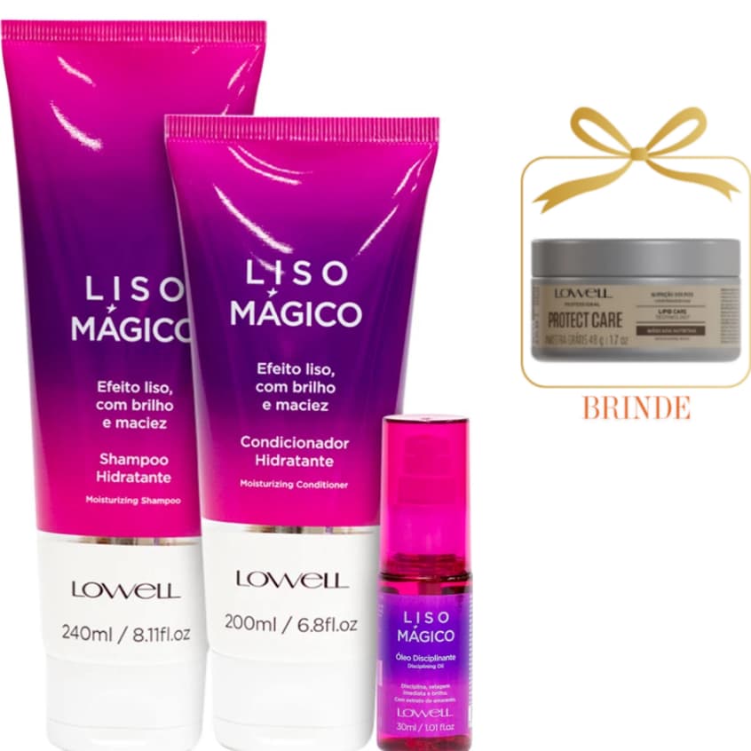 Kit Lowell Liso Mágico Shampoo 240ml, Condicionador 200ml, Óleo 30ml +BRINDE Másc Protect Care 48g