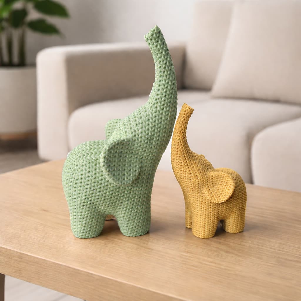 Elefante Decorativo Estilo Tricô Mãe e Filhote Kit 2 Peças