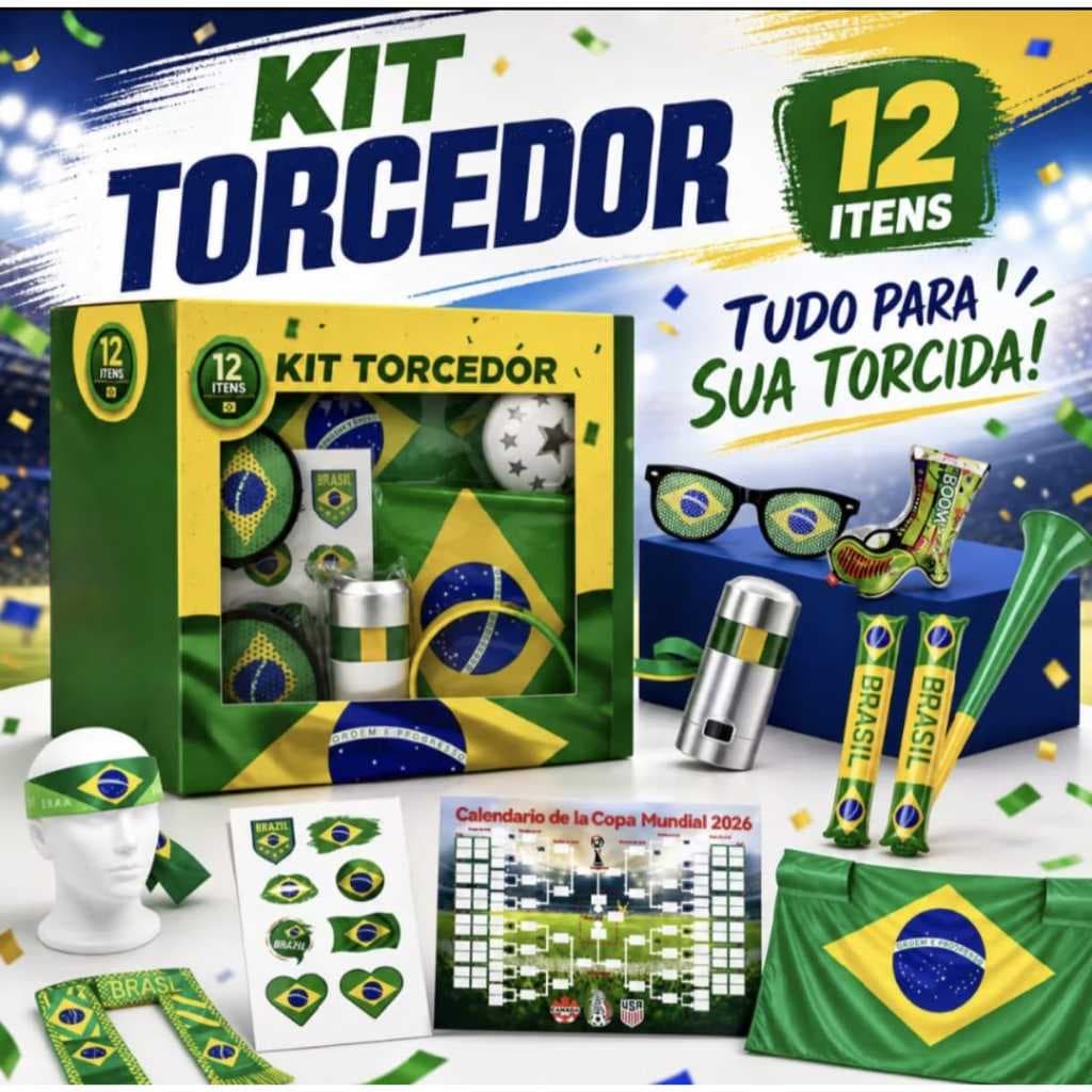 Kit 12 Itens Completos para Copa do Mundo 2026 Brasil Torça pela Copa do Mundo com a sua família!