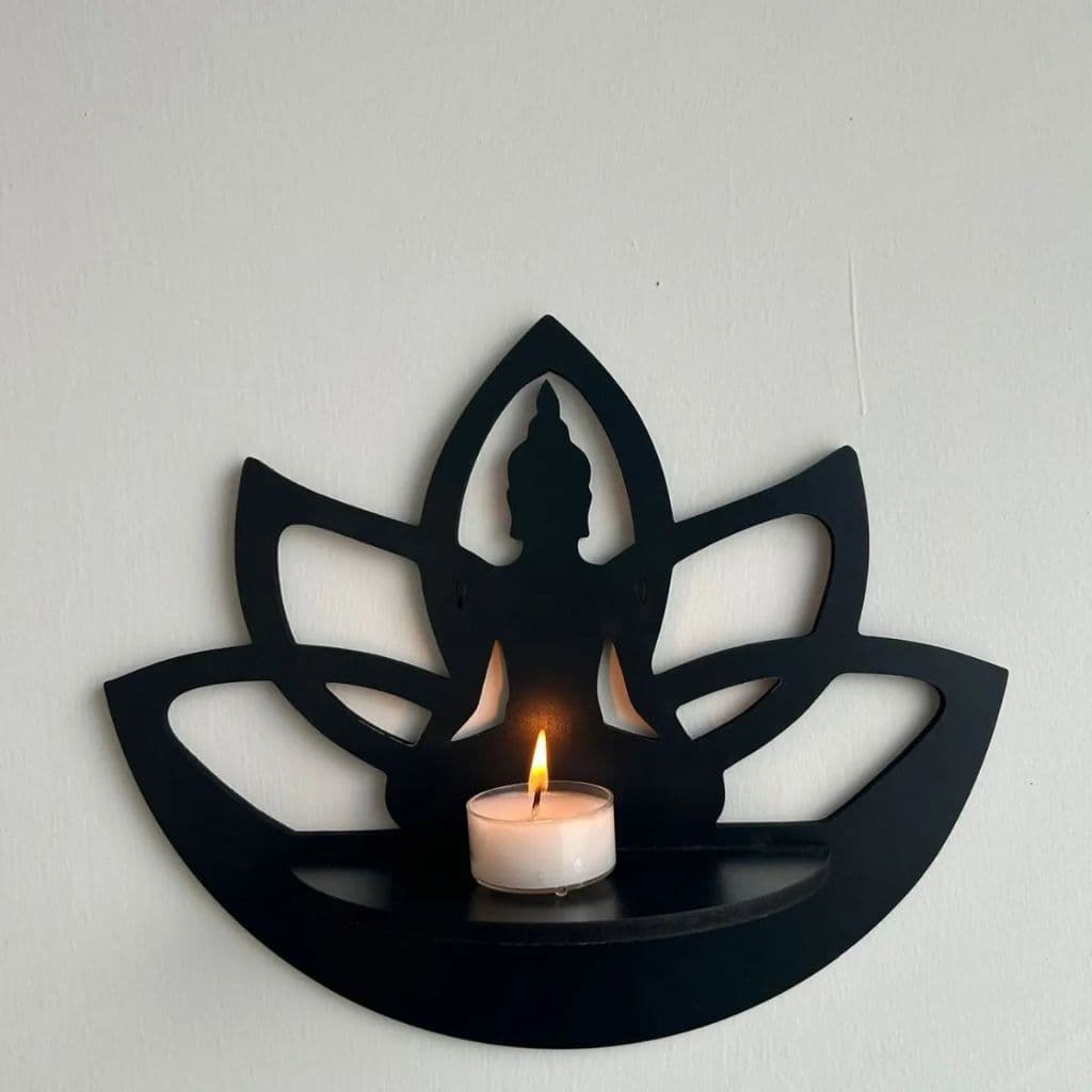 Porta Vela E Incensário Buda Meditando Flor De Lotus Decorado Cantinho Meditação Dourado MDF parede