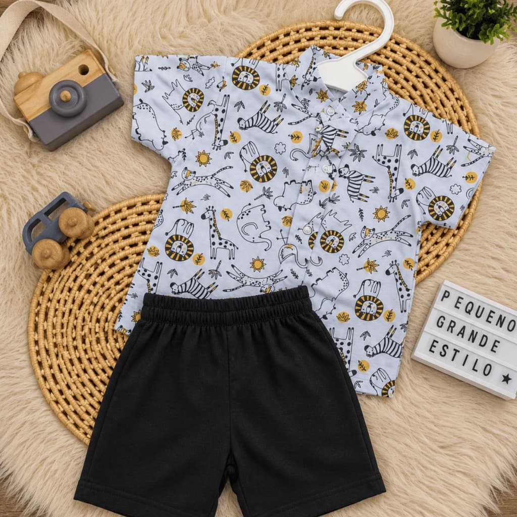 Conjunto Infantil Masculino Bebê Menino de 1 Ano - Camisa Estampada com Short Tricoline - CM Baby