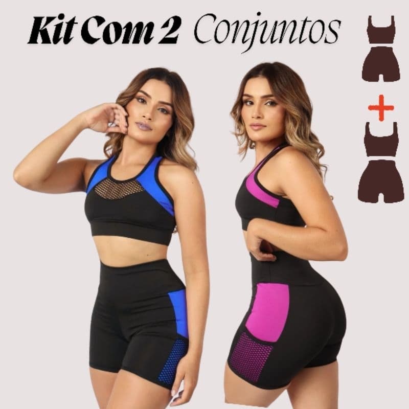 Kit 2 Conjunto Fitness Feminino Academia Short e Top Cintura Alta Com Alta Compressão Suplex Premium