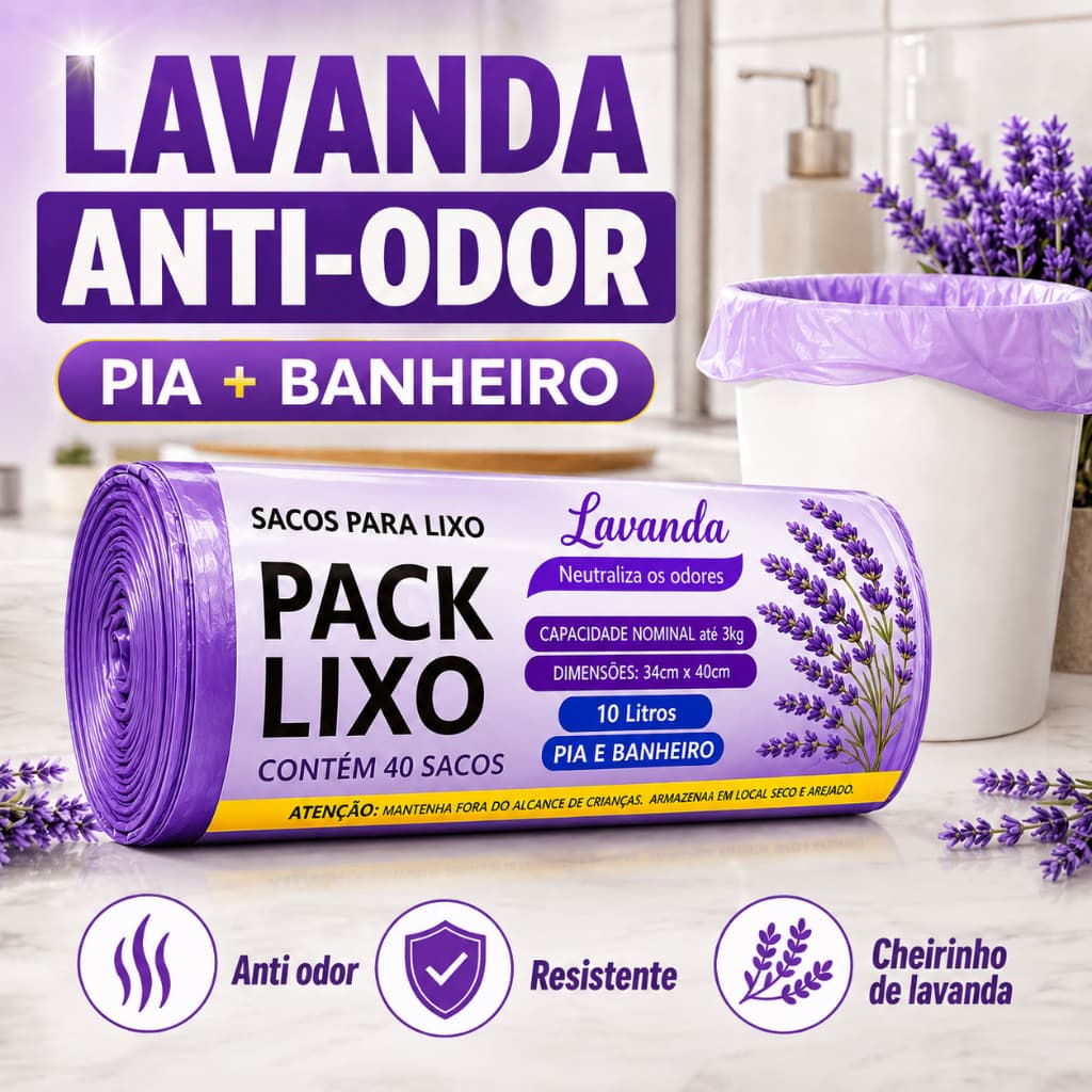 Saco Lixo Lavanda 10L 40 Un Banheiro Pia Cozinha Lavabo Higienico Perfumado Reforcado Anti Odor