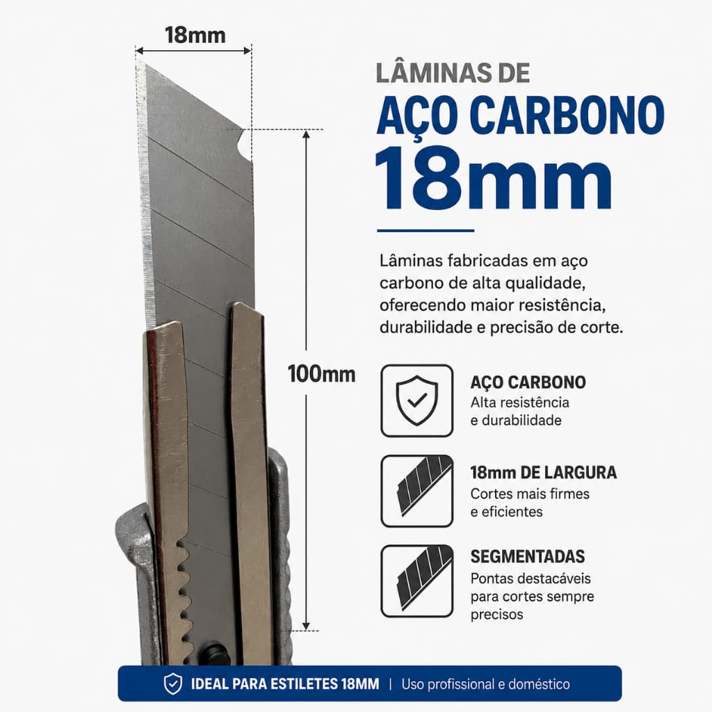 Kit Lâminas de Aço Carbono 18mm para Estilete Resistente Kit com 10, 20, 50 Unidades