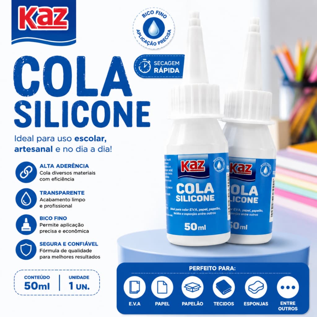 Cola Silicone Líquida 50ml Alta Fixação Transparente | Artesanato, EVA, Papel e Escritório