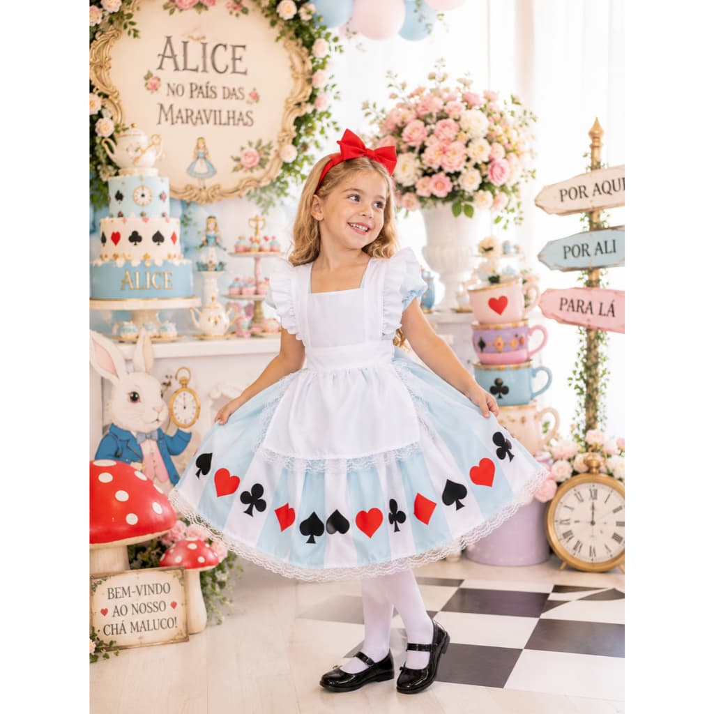 Vestido Alice no País das Maravilhas Infantil Festa Luxo Princesa Menina de 1 a 8 anos