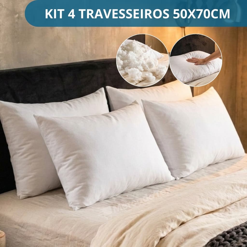 Kit 4 Travesseiro 50x70 400 Fios Enchimento 100% Fibra de Silicone Antialérgico e Muita Maciez