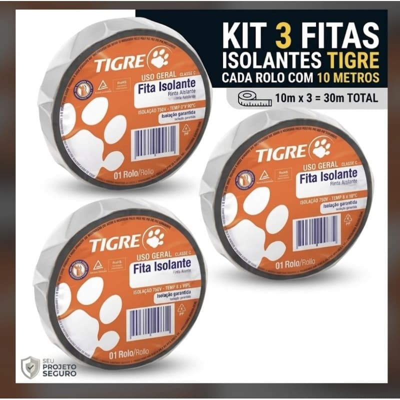 KIT 3 FITAS  ISOLANTES TIGRE USO PROFISSIONAL 10 METROS  KIT COM 3 FITAS PRETA ANTI CHAMAS USO  PROFISSIONAL