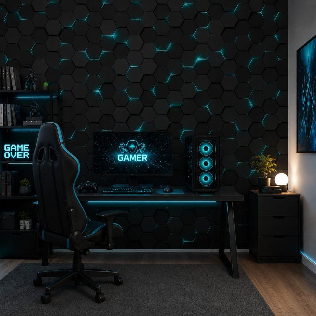 Papel de Parede 3D Gamer Azul Adesivo Vinílico | Decoração Studio, YouTube, Blogueiros Rolo 3mx50cm
