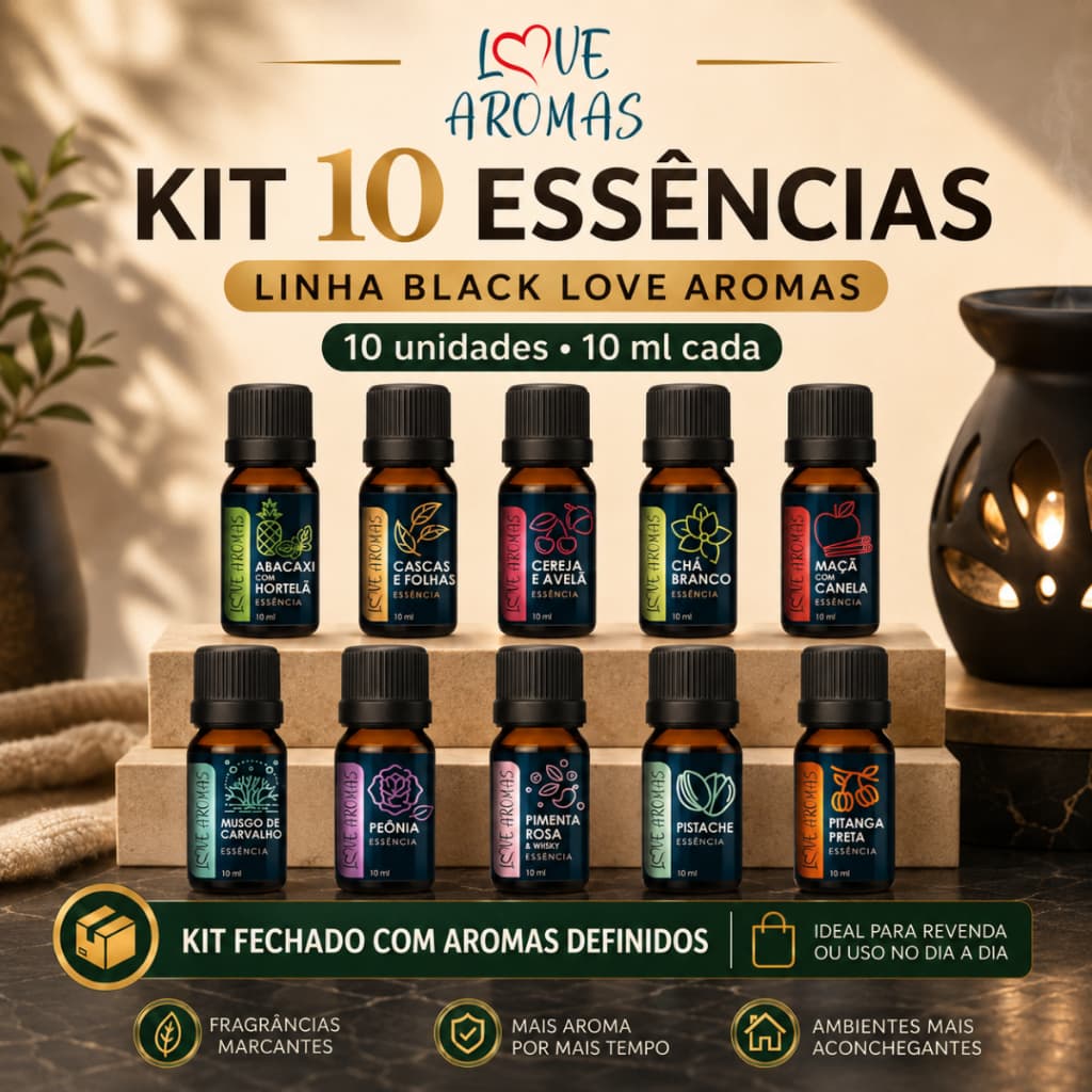 Kit 10 Essências Aromáticas 10ml Love Aromas Linha Black Para Difusor e Velas